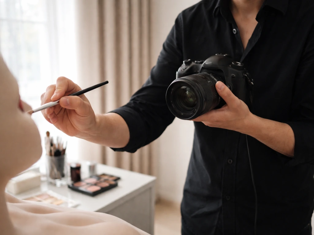 Anonymous makeup artist-photographer applying makeup in a quiet studio with a DSLR camera nearby.