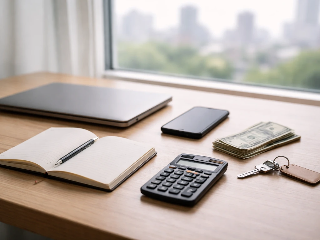 Minimal desk scene with calculator, smartphone, and cash near a blurred city view, symbolizing net worth estimates.