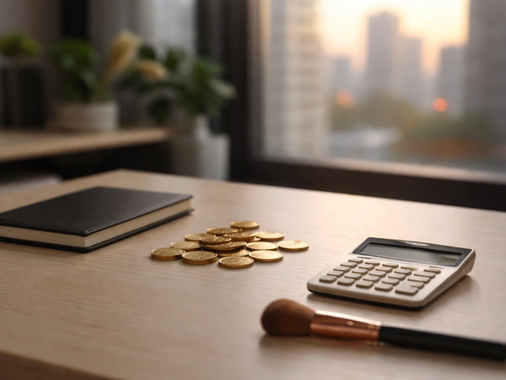 Minimal desk scene with a notebook, calculator, and gold coins suggesting wealth comparison in beauty business