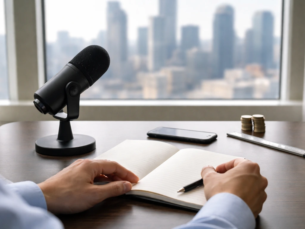 Anonymous analyst’s desk with microphone, coins, blank notebook, and a ruler suggesting a value range.