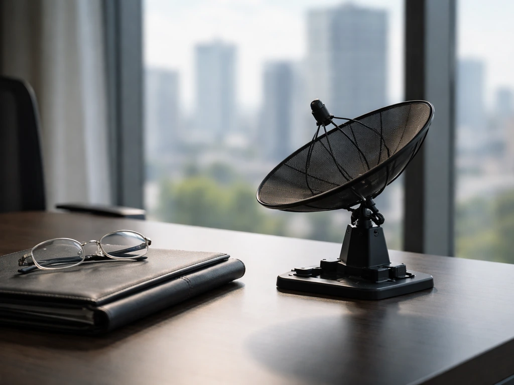 Modern office desk with a satellite dish model, leather portfolio, and glasses, city blur outside window.