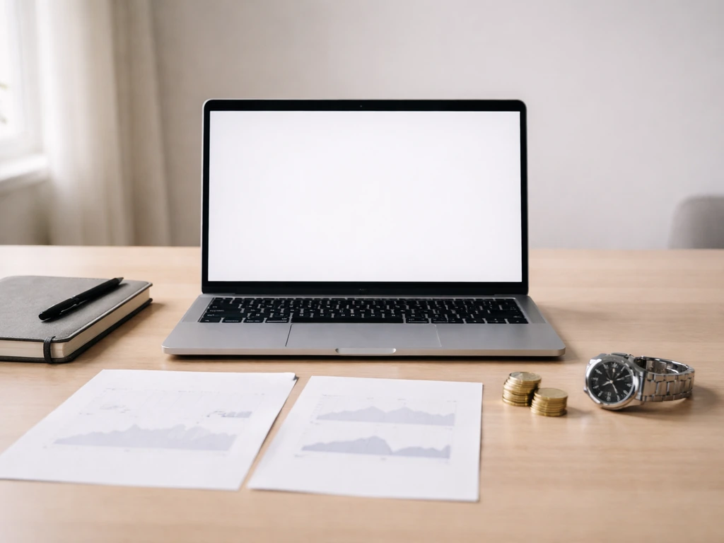 Minimal desk scene with a laptop, scattered documents, and two financial-themed icons shown subtly on paper.