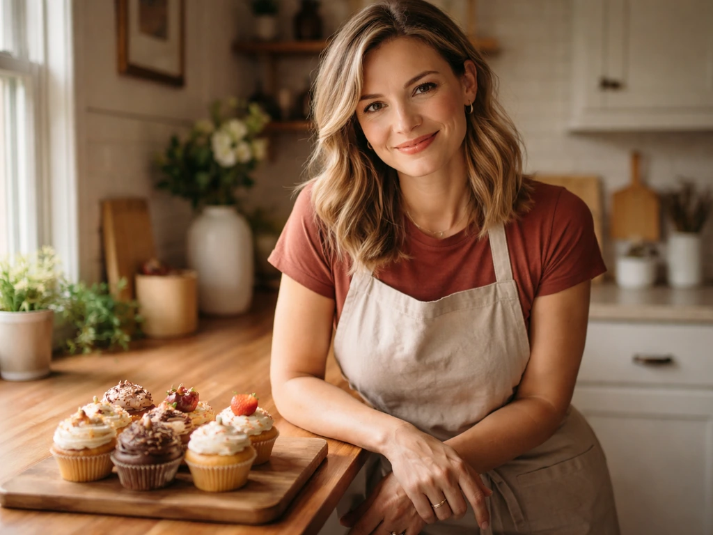 Warm portrait of a cupcake entrepreneur beside a few cupcakes in a cozy kitchen setting.