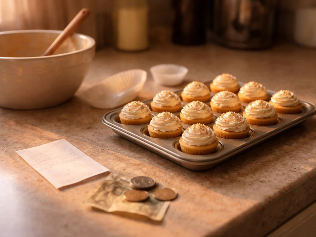 Mini cupcakes and coins on a kitchen counter, suggesting a humble start and first earnings in 2008.