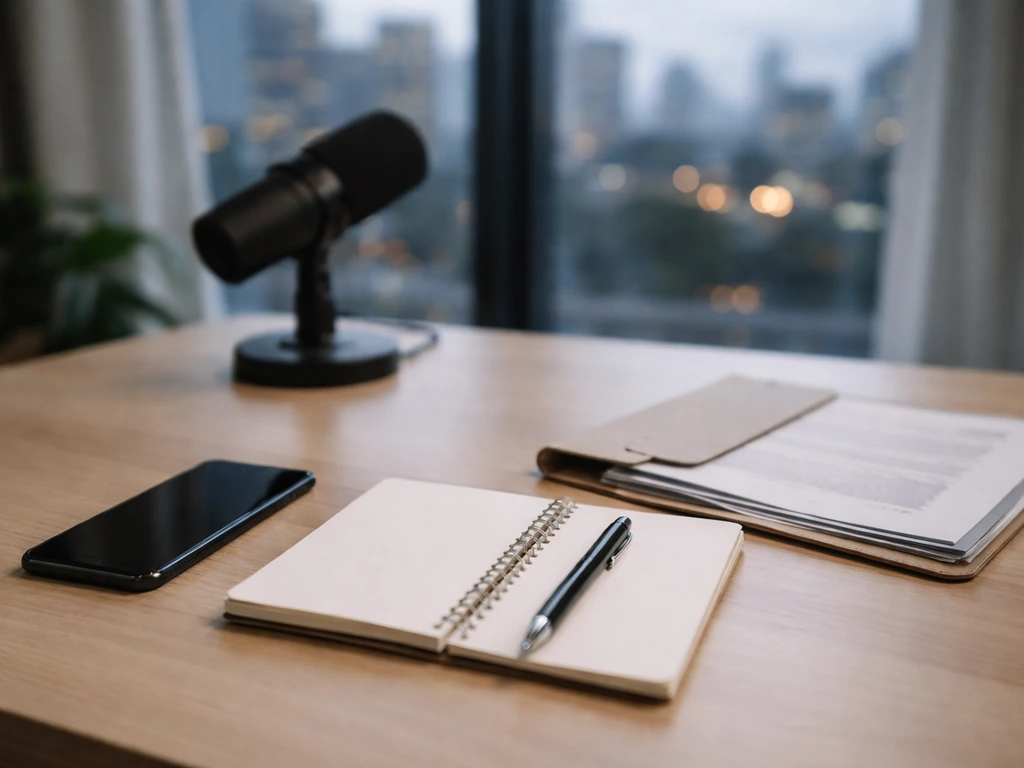 Minimal office desk with notebook and smartphone showing verification cues for checking sources and confidence.