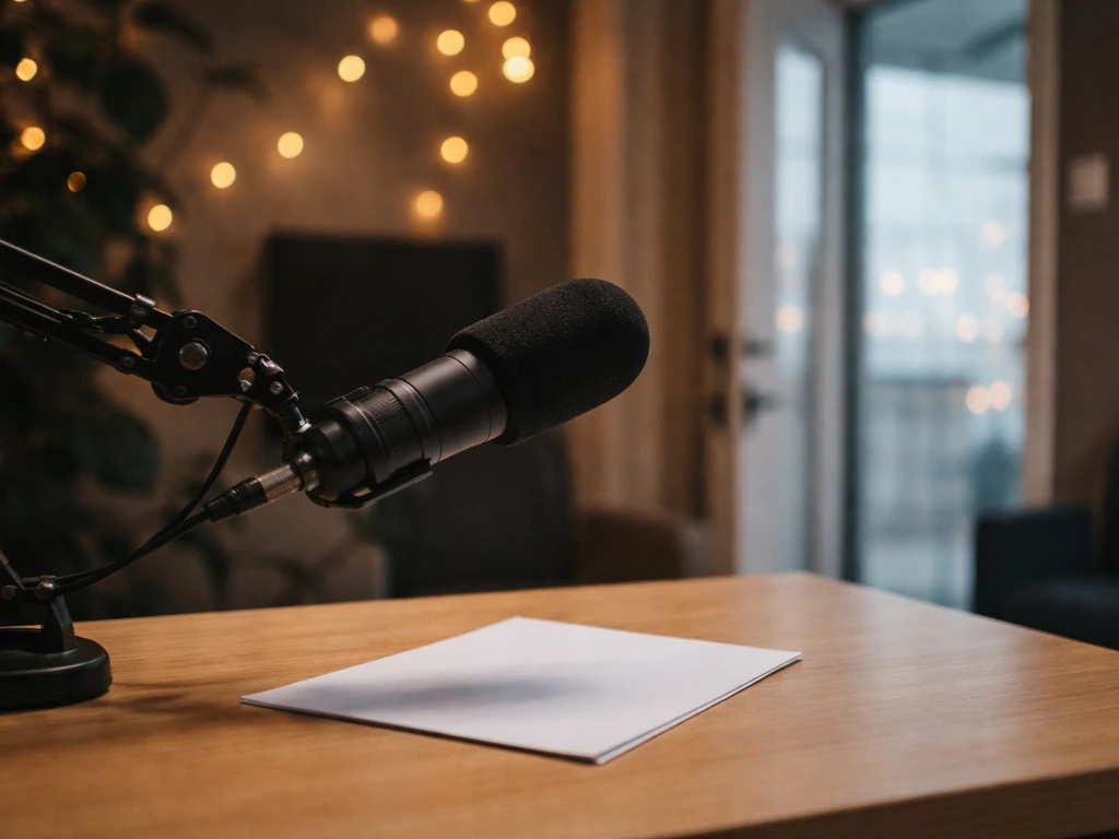 Close view of a studio microphone on a desk in a quiet podcast room, symbolizing media career.