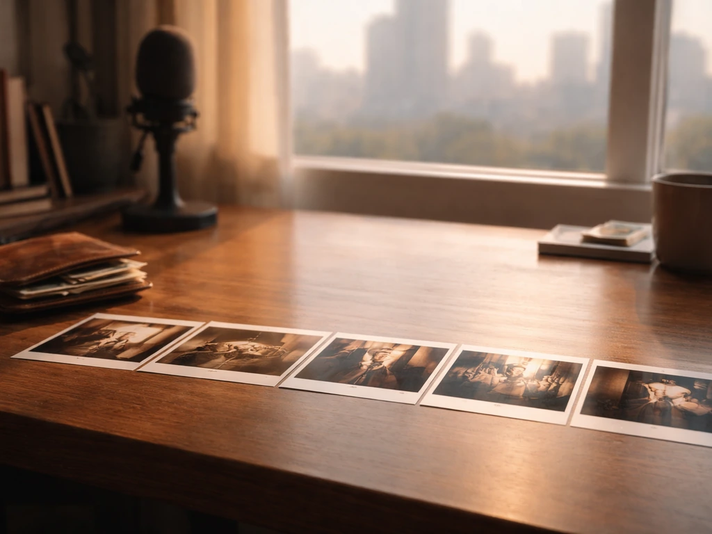 Minimal photo of a clutter-free desk with vintage film stills, a leather wallet, and a city view window.