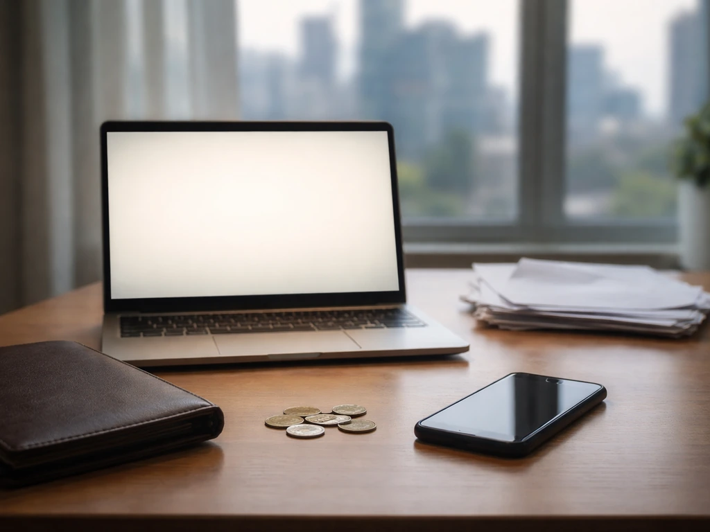 Minimal office desk with coins, portfolio, and blank laptop glow suggesting no verified net worth figure