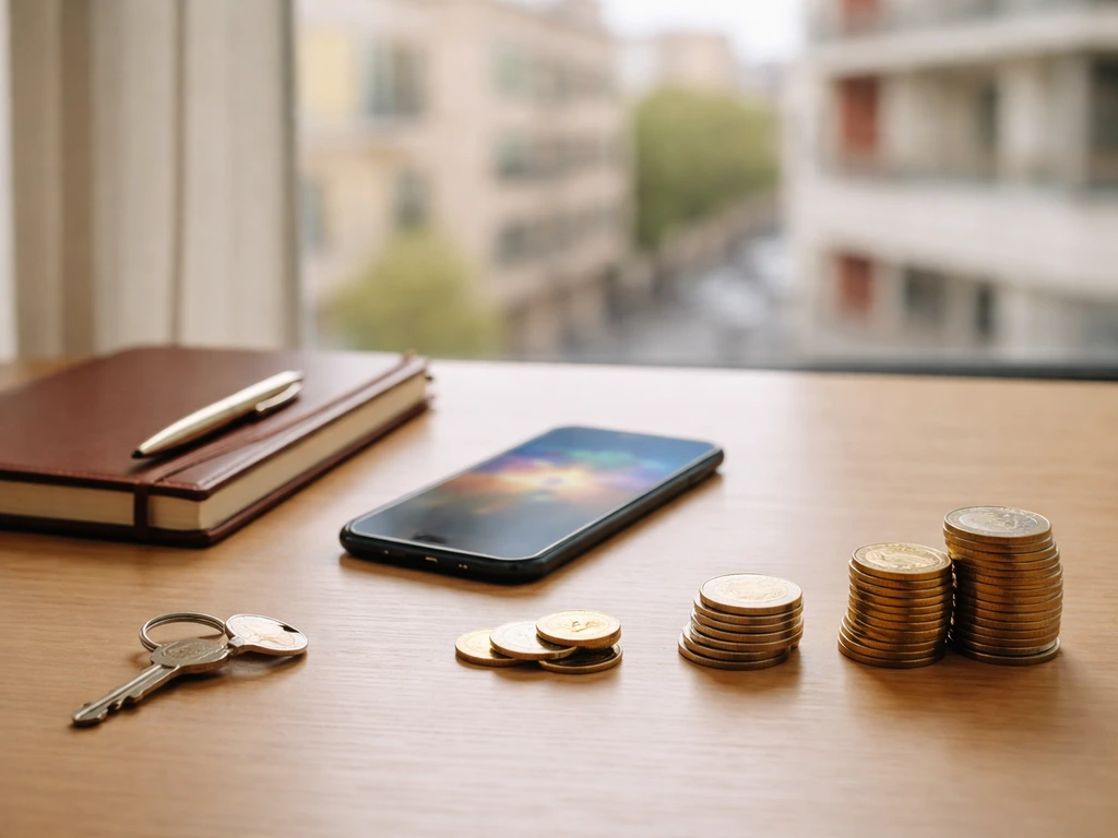 Minimal desk scene with a notebook, smartphone, and coins suggesting career-to-wealth mapping