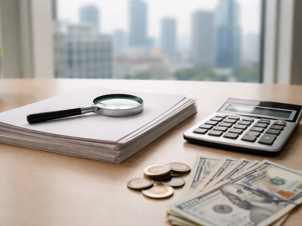 Close photo of a desk with documents, a magnifying glass, and a calculator beside cash and a blurred city skyline
