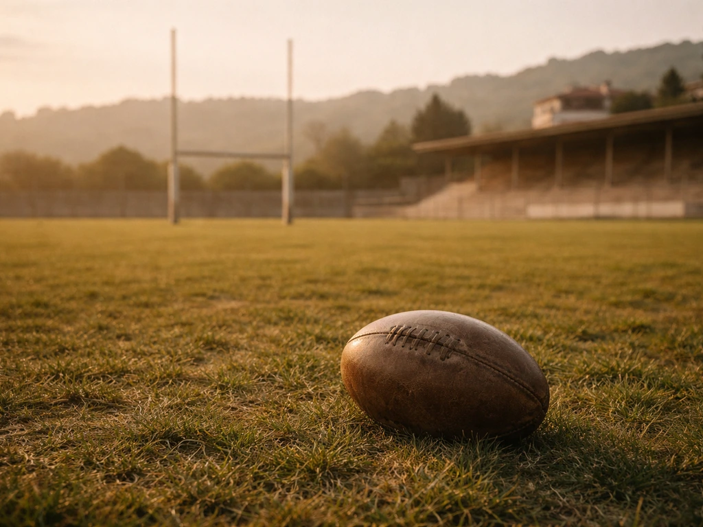 Vintage rugby field at golden hour with a worn leather rugby ball in the foreground.