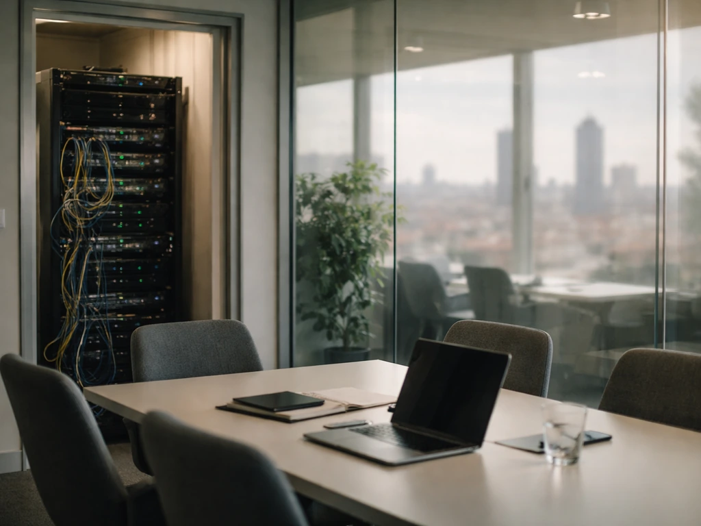 Quiet enterprise IT office with server racks and natural light, no people, minimal corporate setting.