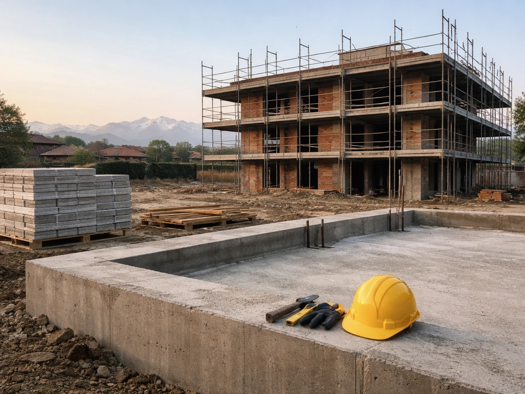 Minimal photo of a Turin property development construction site with scaffold and concrete foundation.