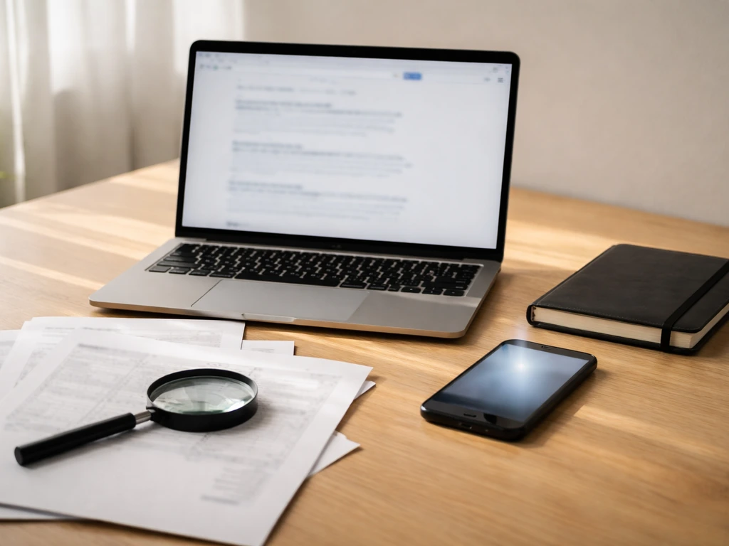 Minimal desktop scene with laptop, documents, and a phone showing generic search activity for verification