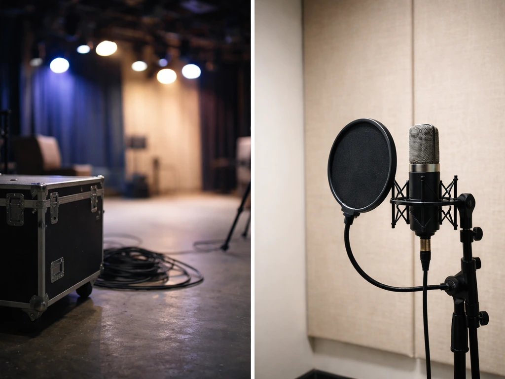 Two minimal clue scenes side by side: acting set lights and a TV studio microphone setup.