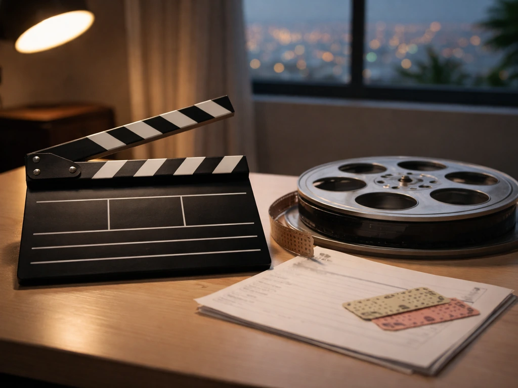 Minimal scene of a film clapperboard and film reel on a desk, symbolizing an actor’s career milestones.