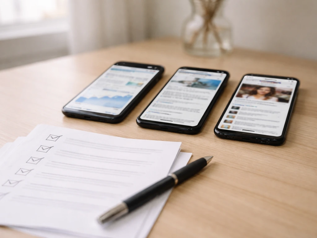 Minimal desk scene with phones and printed checklists for cross-checking unreliable finance figures.