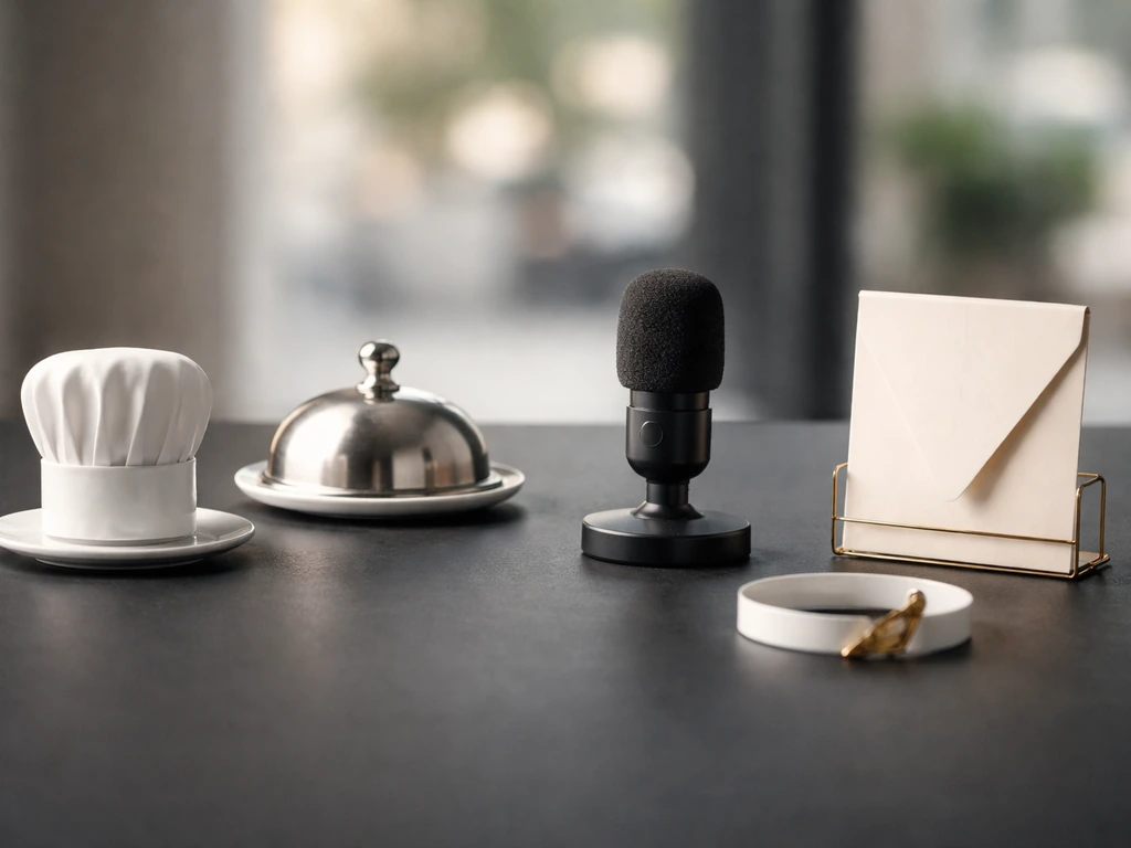 Minimal tabletop scene with objects symbolizing restaurants, books, media, and brand events.