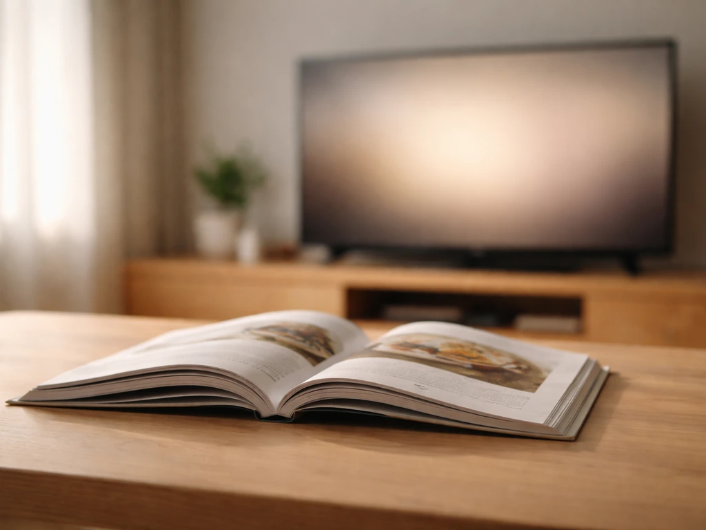 Open cookbook on a wooden table with an empty TV-style frame element suggesting media visibility