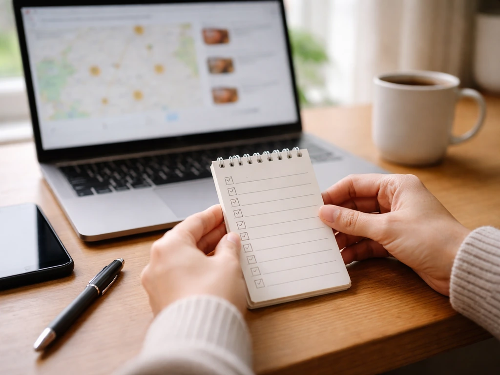 Person at a desk checks a printed checklist beside a laptop with a simple city map view.