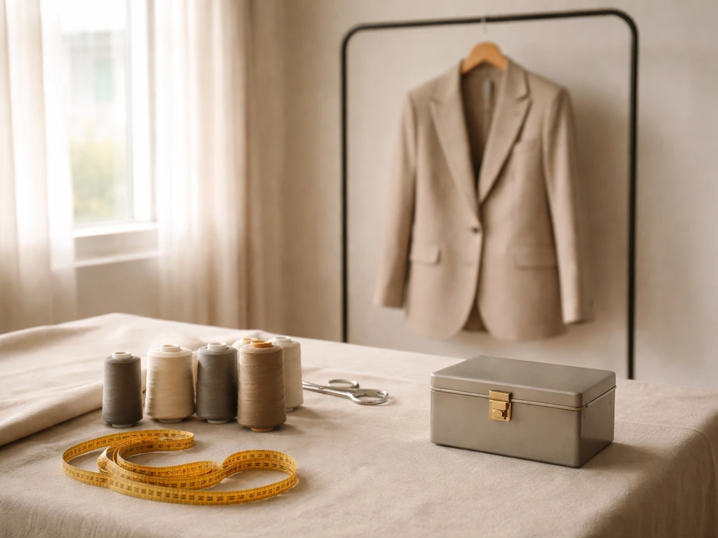 Fashion designer studio scene with a hanging blazer and a sleek cash-box detail for a net-worth theme