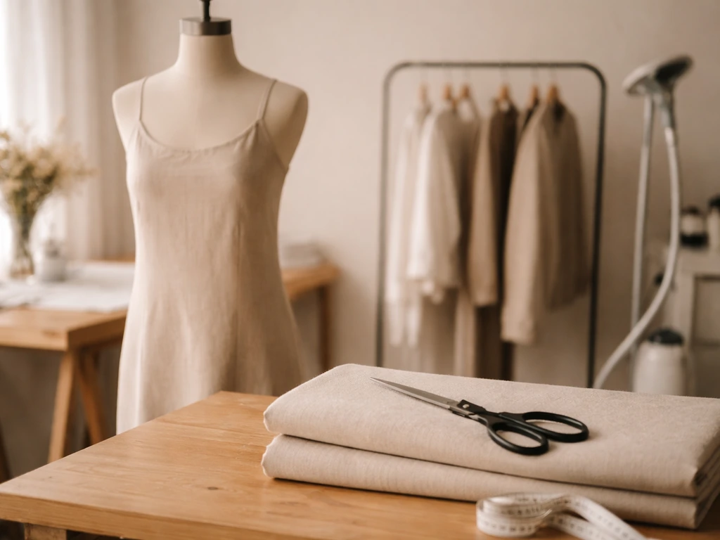 An elegant fashion studio with a mannequin and sewing tools, suggesting a reality-TV fashion designer identity