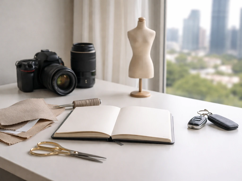 Minimal collage-style scene of fashion design tools, camera gear, city view, and a key to symbolize income and assets.