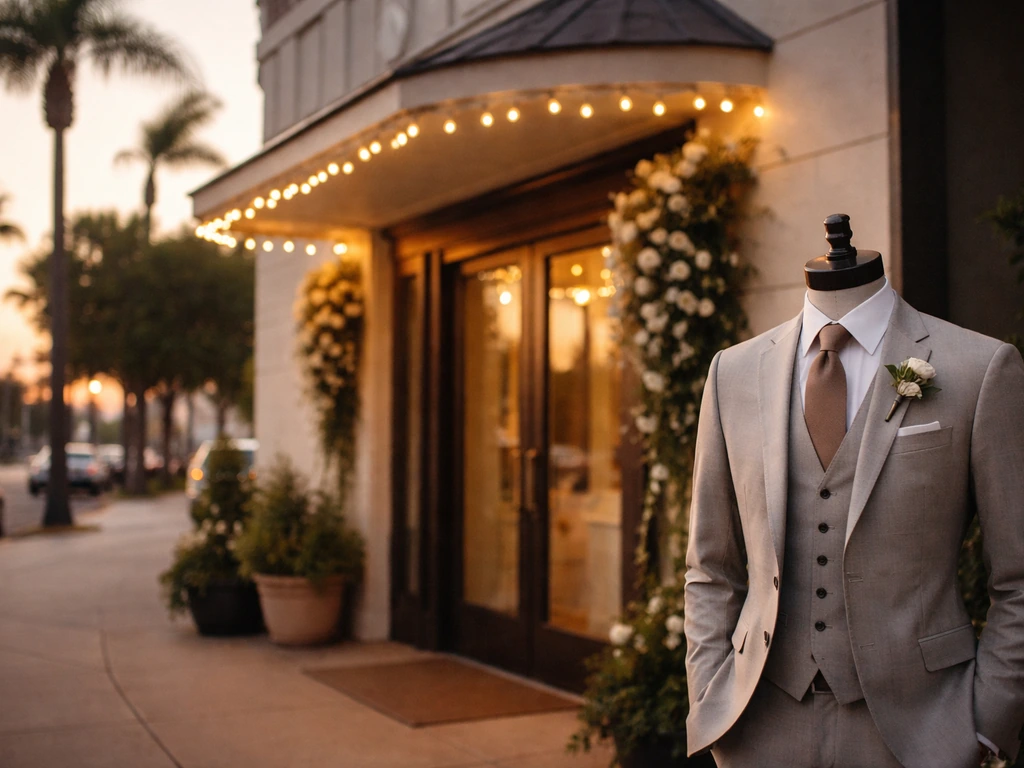 Luxury wedding chapel exterior with soft light, hinting at wealth milestones with minimal symbolism