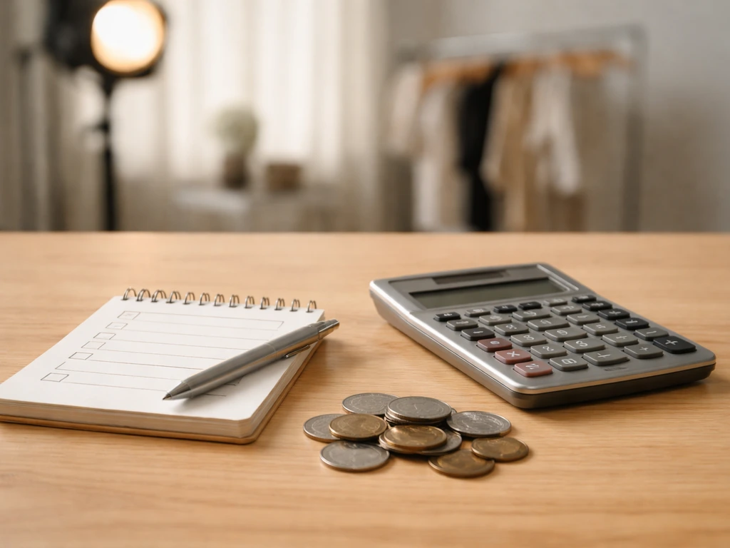 Close-up of a notepad checklist beside a calculator and scattered coins in a quiet desk setting.