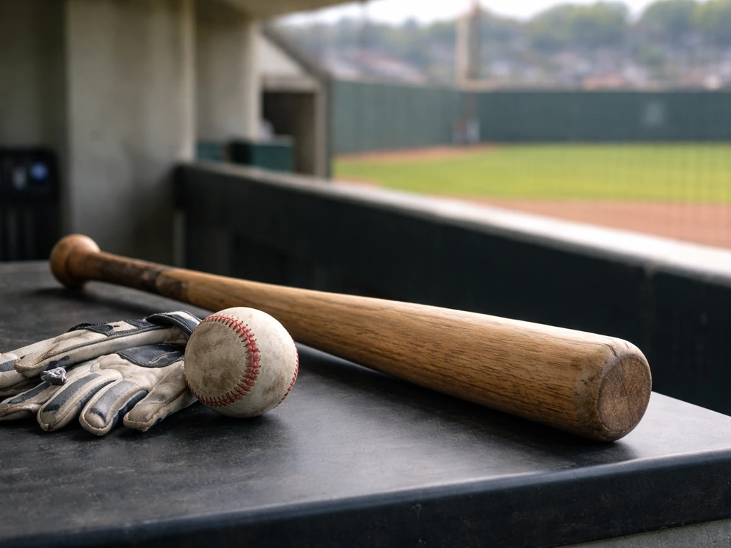 MLB-themed desk scene with baseball bat, worn ball, and gloves beside a softly lit stadium background.