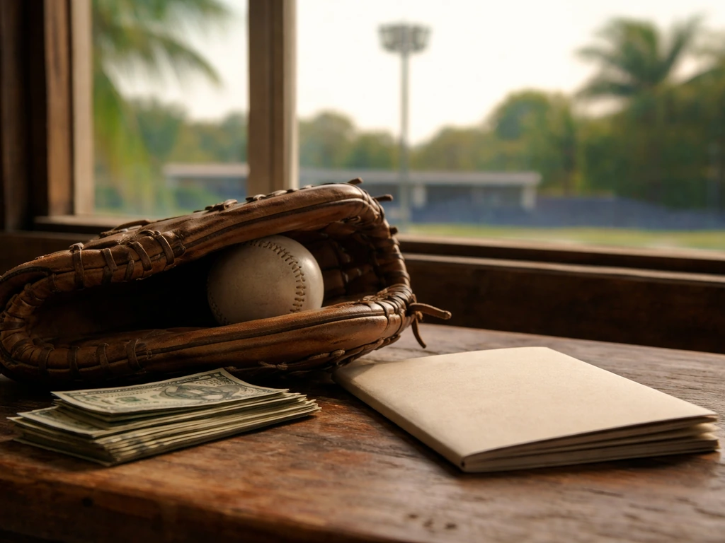 Baseball glove and cash on a wooden desk with a blurred stadium light background, symbolic of an international signing b