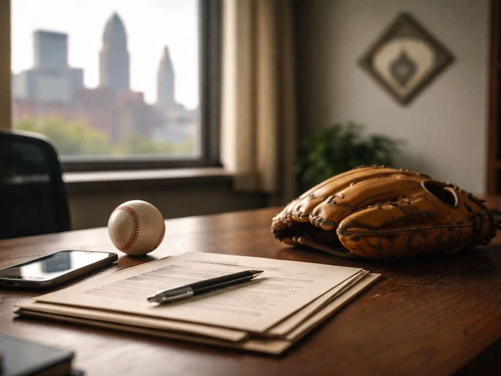 Anonymous office desk with baseball glove, contract papers, and softly blurred city skyline suggesting a trade