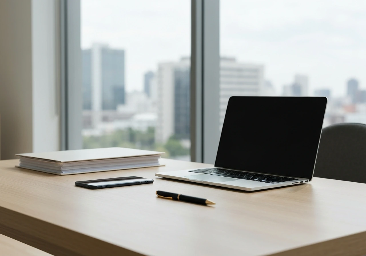 Minimal photo of a luxury office desk with laptop, business documents, and a city skyline through the window