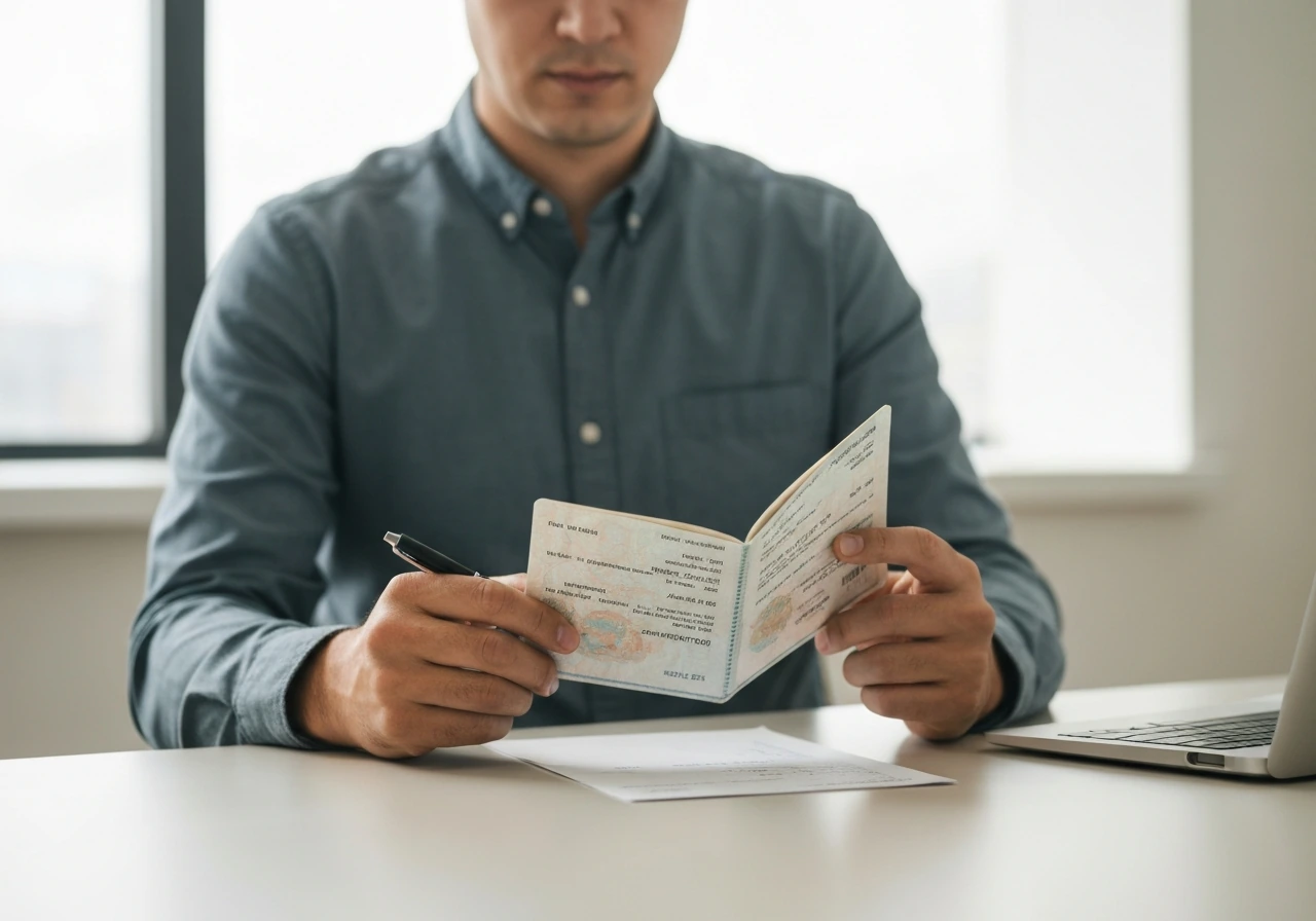 Anonymous businessman in a minimalist office, holding a passport and pen, symbolic identity verification scene