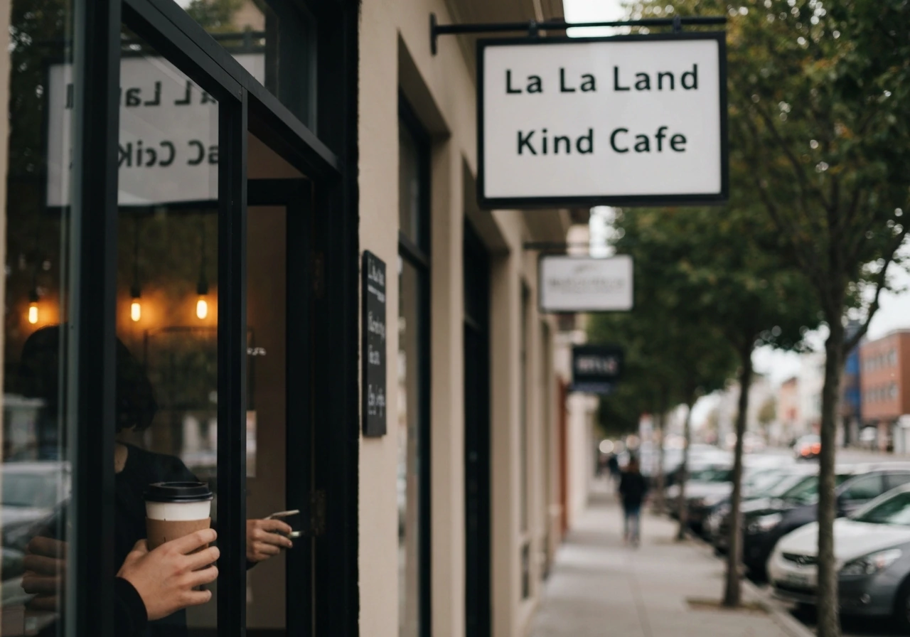 Street-level view of a small cafe entrance with warm window light and a coffee cup nearby.