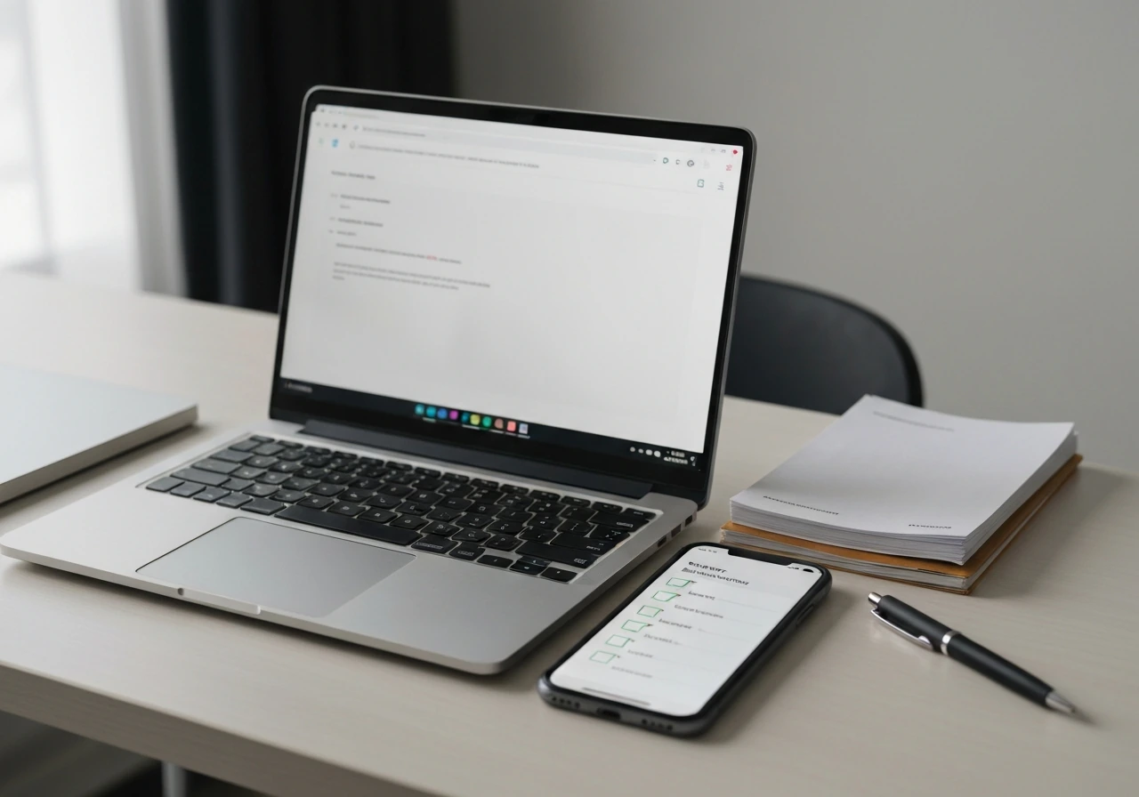 Minimal desk scene with laptop and phone showing generic checklist/filing verification tools.