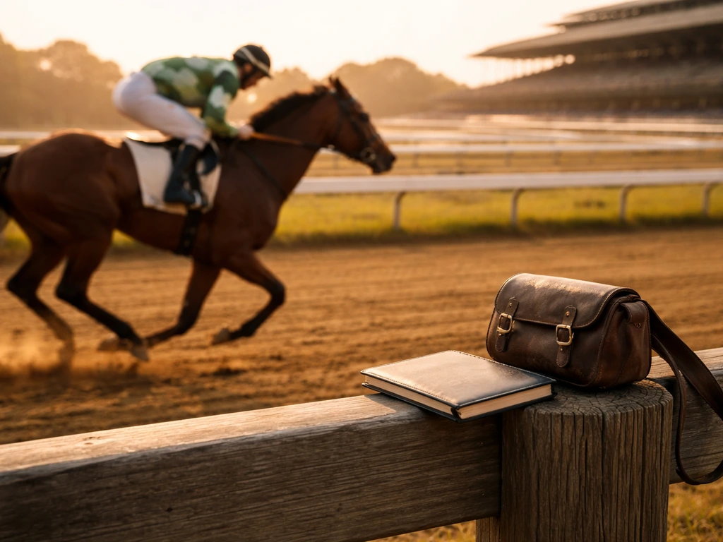 Anonymous jockey silhouetted in a racetrack moment with a subtle money-and-media vibe in the background