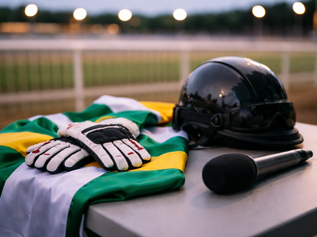 Minimal scene suggesting verification: a jockey-themed helmet and racing silks on a desk beside a microphone.