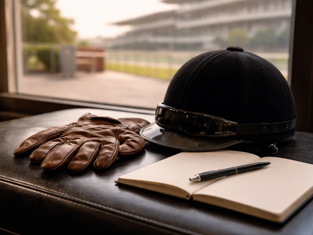 Anonymous jockey race gear laid out beside a notebook with a focused, upward-looking city street view.
