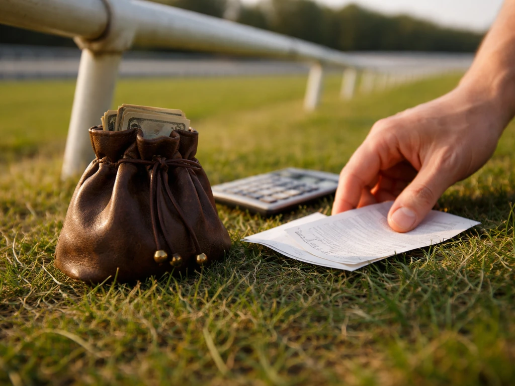 Close-up of a racing money pouch on a track with a hand holding a notepad, showing purse fee calculation vibes