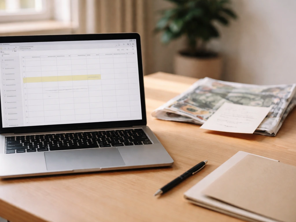Close-up of a laptop with a spreadsheet-like layout on screen and a blurred receipt in the background