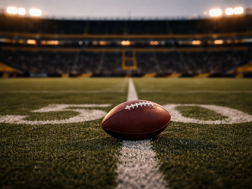 Vintage football field at dusk with a football resting on the turf, suggesting pro sports legacy.