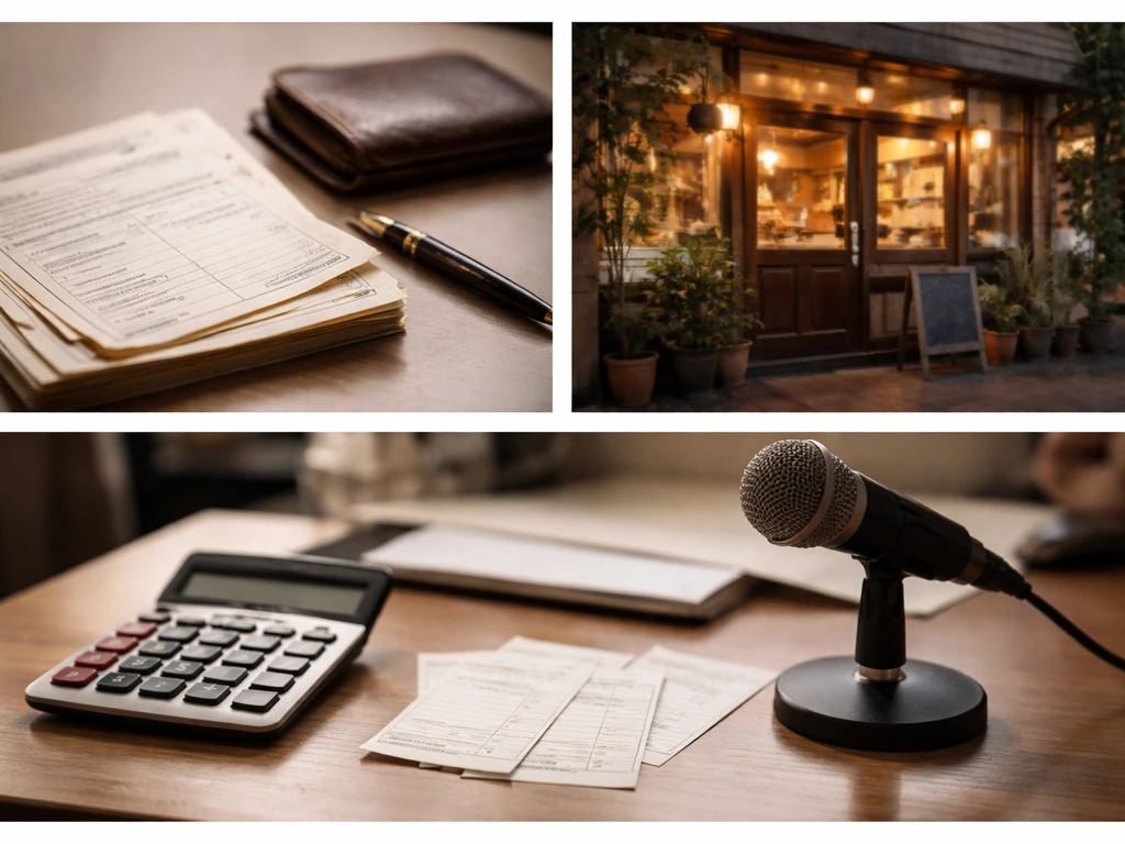 Minimal collage-style scene with vintage football paycheck vibe, business storefront, and receipt-like items on a desk