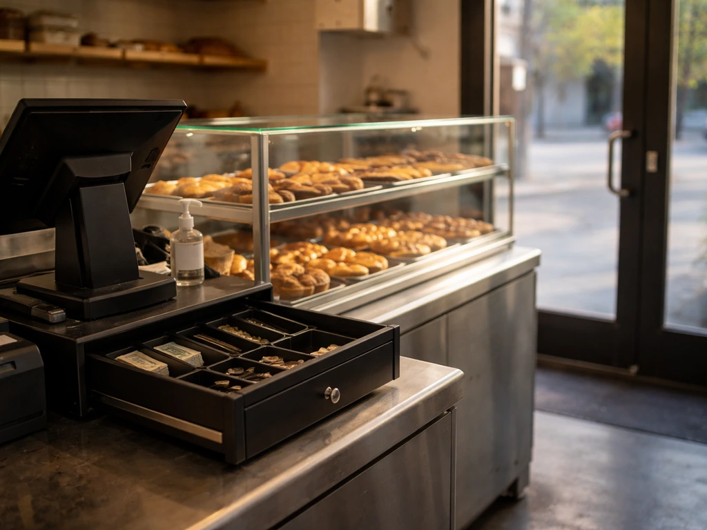 Minimal photo of a bakery storefront with cash register and neatly arranged pastries, symbolizing post-career ventures.