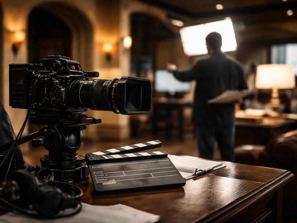 Film studio director-like setup with camera on tripod and blurred gesturing silhouette, cinematic minimal scene.