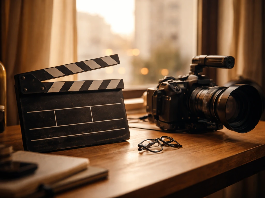 Vintage clapperboard and camera on a filmmaker’s desk with softly blurred city lights in the background.