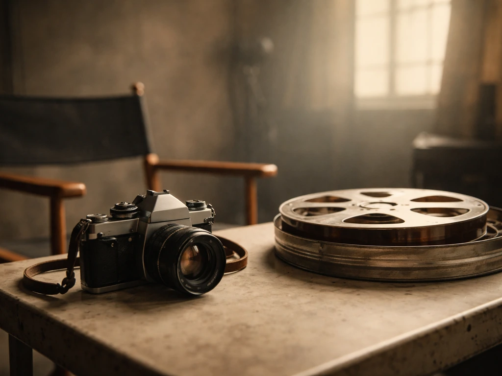 1980s film production style scene with a vintage camera and reel evoking “Da grande” breakthrough moment.