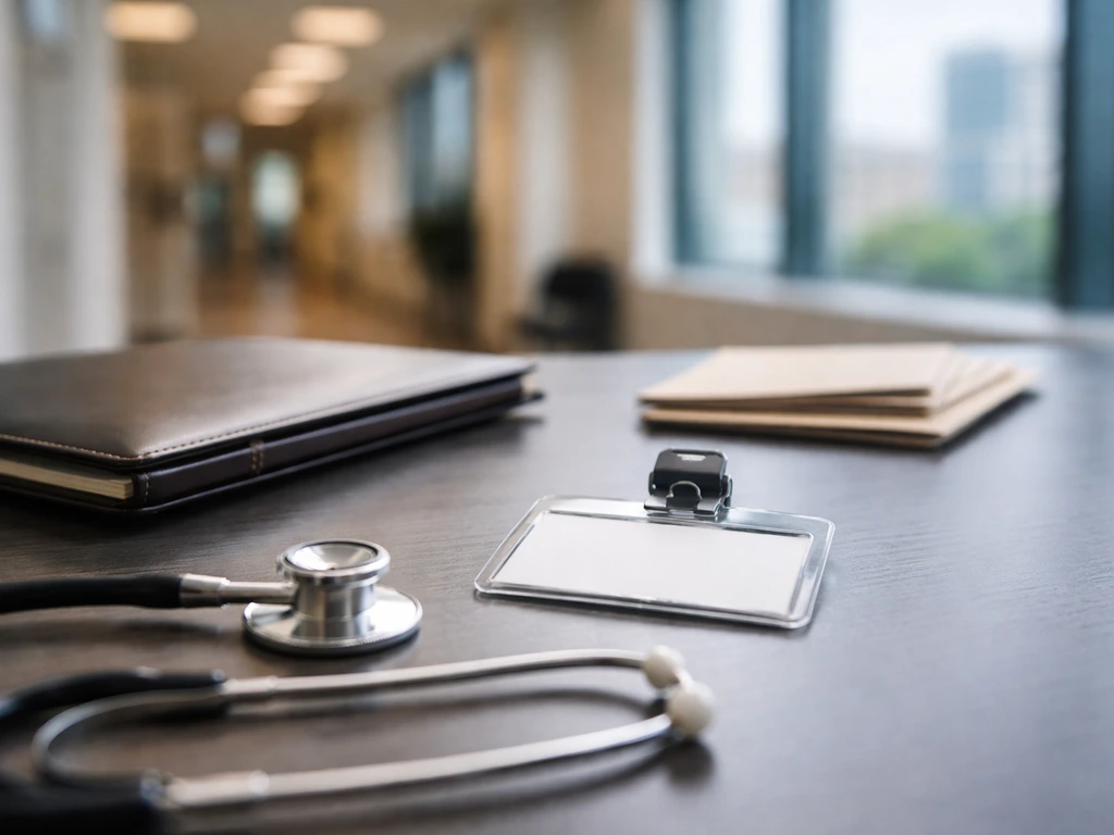 Minimal medical office desk with stethoscope and money-themed props, blurred hospital corridor background.