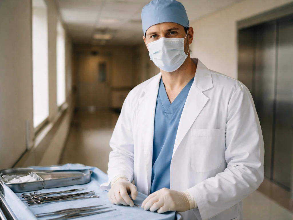 Masked orthopedic surgeon in a quiet hospital hallway beside an instrument tray
