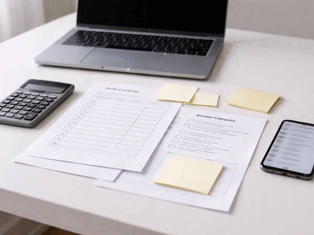Minimal desk scene with papers, a laptop, and a calculator beside a blurred phone, suggesting verification work
